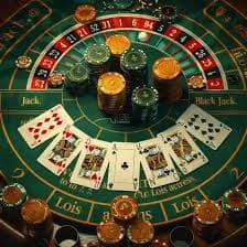Dealer menampilkan kartu di meja Blackjack